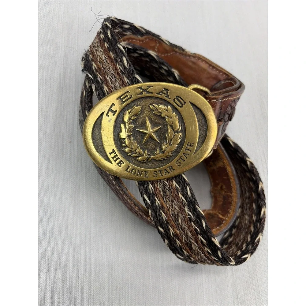 Vintage Hand Braided Horsehair Belt Texas Lone Star Brass Buckle Size 34